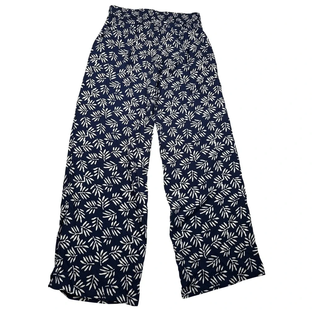Skemo Palm Pants Navy White Tropical Leaf Print Wide Leg Rayon XL NEW Beach Boho